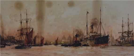 A maritime scene featuring multiple sailing vessels and a steamship on a river.