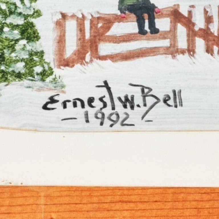 Artwork by Ernest W. Bell, Winter landscape with a Victorian house, barn and people playing in the snow, Made of painting