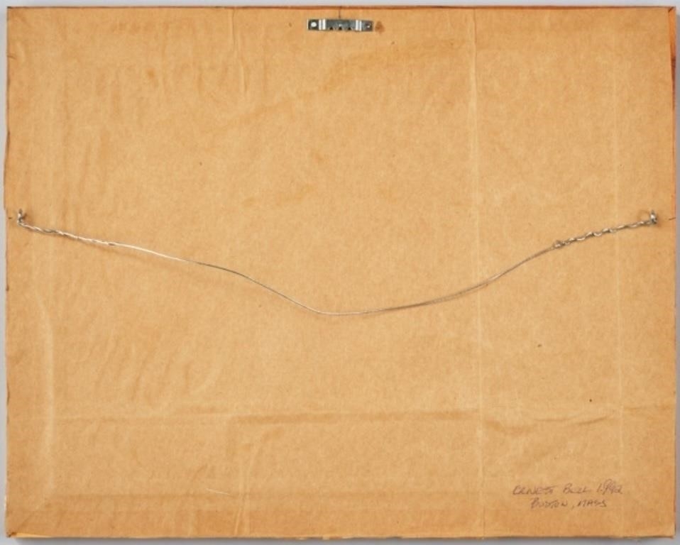 Artwork by Ernest W. Bell, Winter landscape with a Victorian house, barn and people playing in the snow, Made of painting