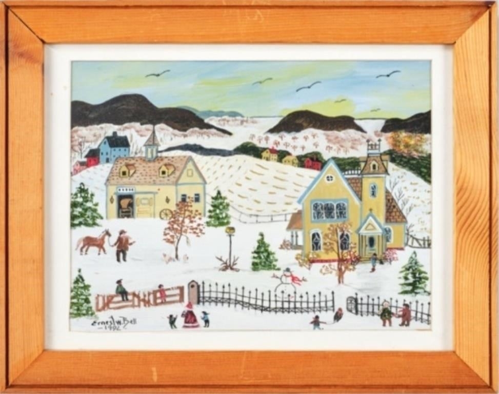 Artwork by Ernest W. Bell, Winter landscape with a Victorian house, barn and people playing in the snow, Made of painting