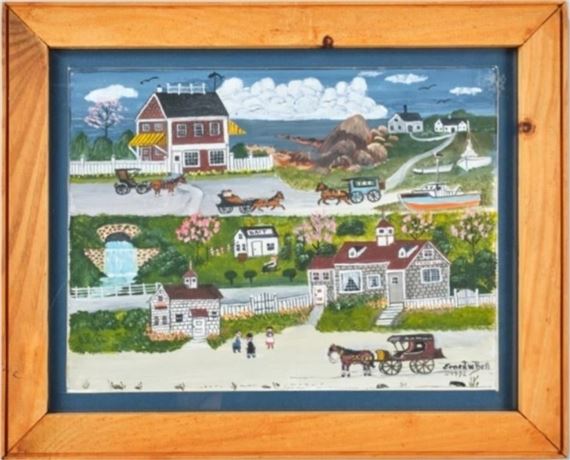 Coastal village including several houses and horse drawn vehicles by Ernest W. Bell, dated 1992