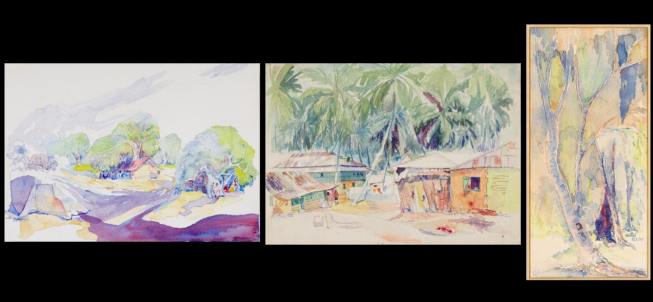 Amon Kotei | Village and Nature Scenes, a set of three watercolours ...