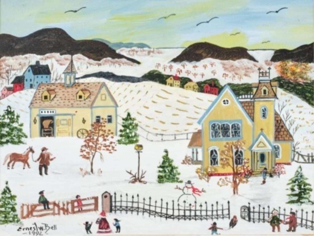 Artwork by Ernest W. Bell, Winter landscape with a Victorian house, barn and people playing in the snow, Made of painting