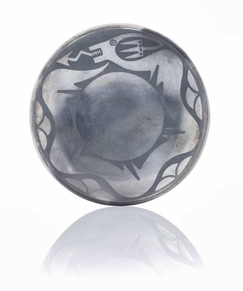 Maria Martinez (1887-1980) & Popovi Da (Red Fox) (1923-1971) San Ildefonso Blackware Avanyu Plate by Maria Montoya Martinez, Popovi Da, 1969