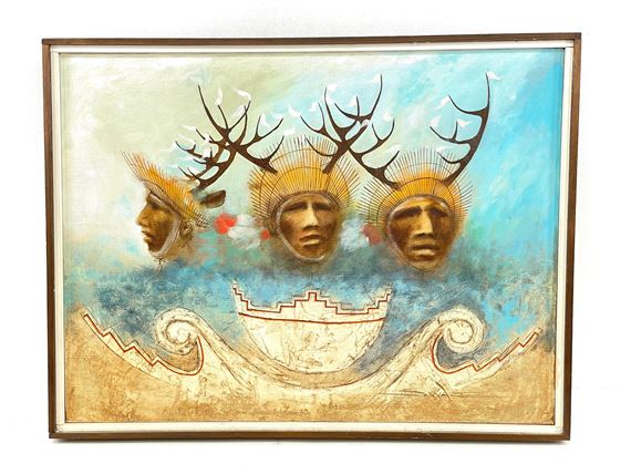 Patrick (Hinds) Swazo (1929 - 1974) "Deer Dancers" Oil on Canvas by Patrick Swazo Hinds, 1970