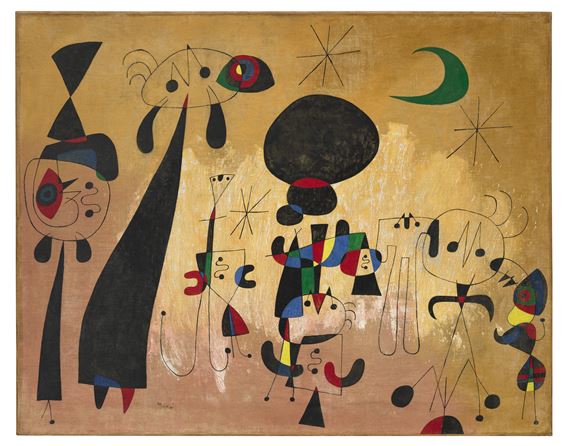 Joan Miro、PEINTURE OVALE、画集画、新品額装付 Joan Miró | Peinture (Femmes, lune, étoiles) (1949) | MutualArt