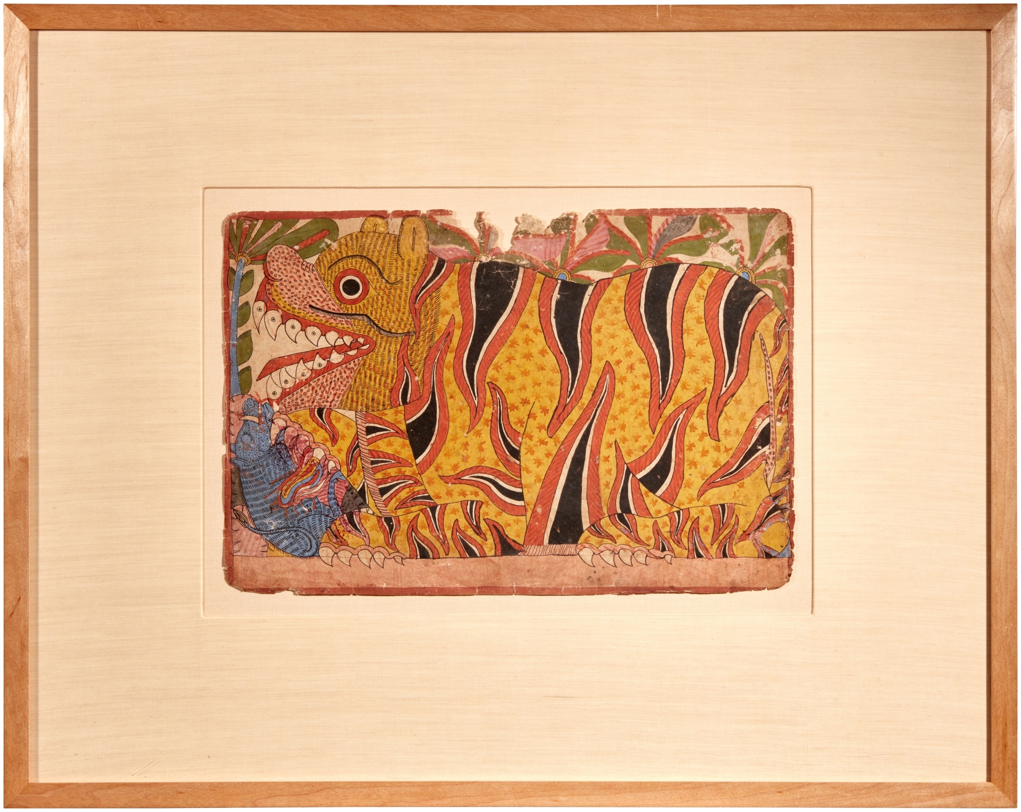 A 'Paithan' painting of a ferocious tiger slaying a boar, India, Karnataka or Andhra Pradesh, mid to by Indian School, 19th Century