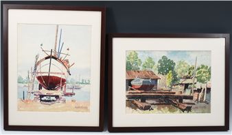 2 Florida Dockside Scenes, 2) Boat in Dry Dock - Alvin William Carl Meyer