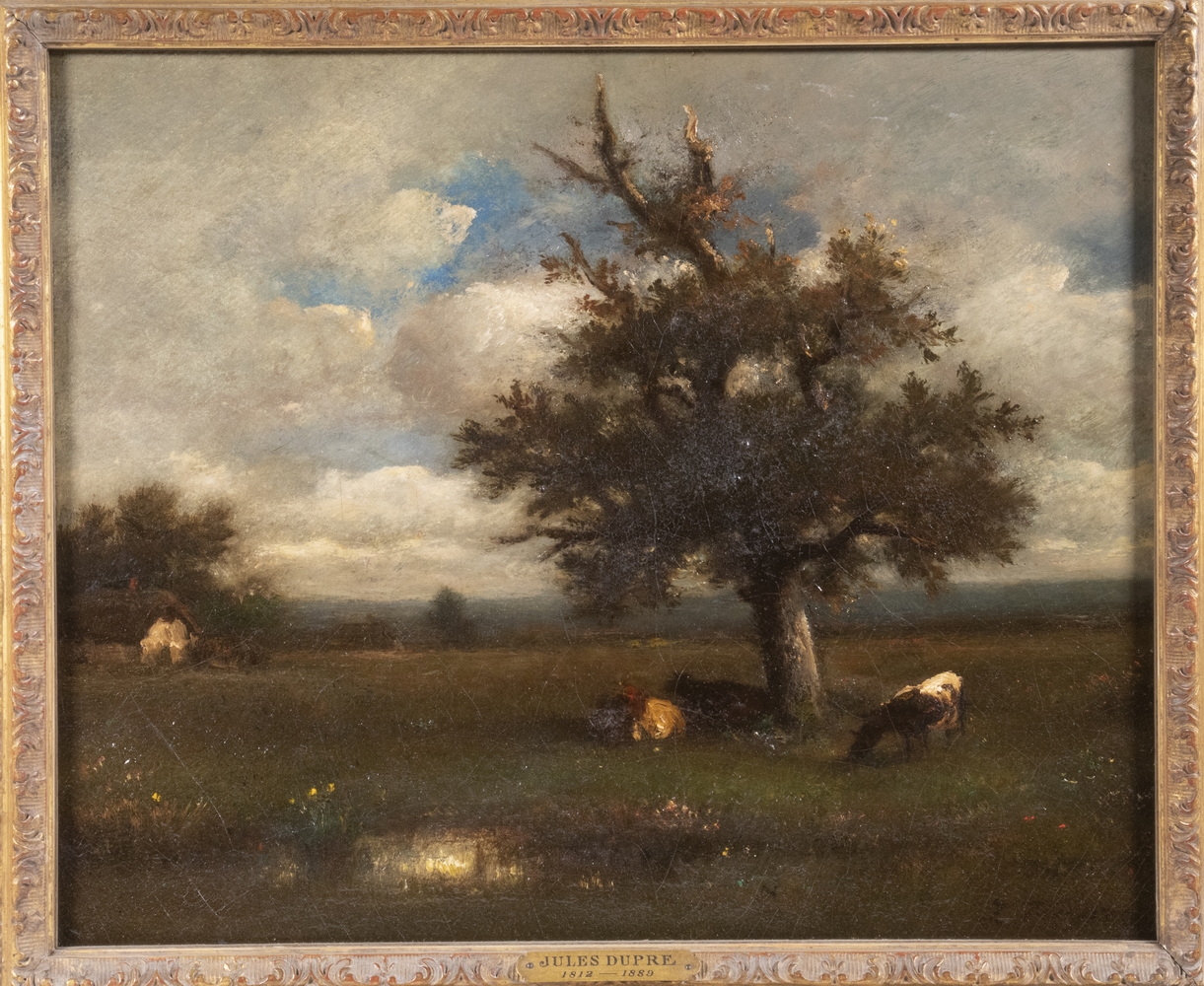 Jules Dupré | Barbizon Landscape with cows at pond under a single tree ...