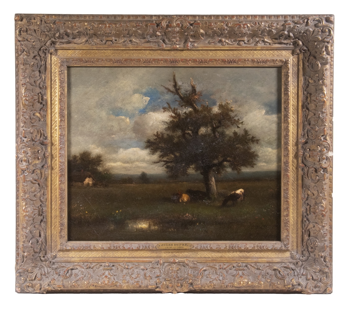 Jules Dupré | Barbizon Landscape with cows at pond under a single tree ...