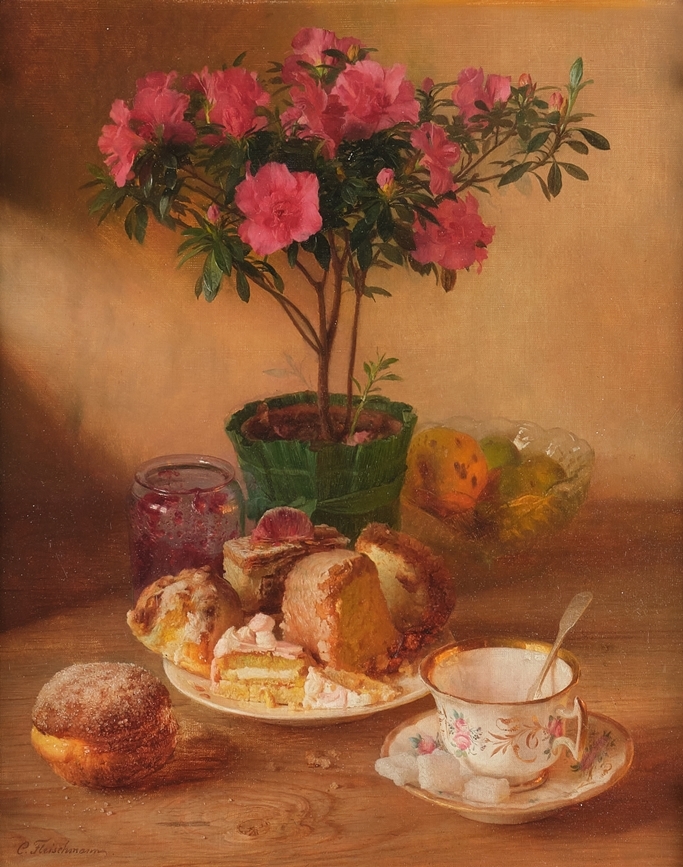 Carl Fleischmann Stillleben mit Süßgebäck und Azaleen MutualArt