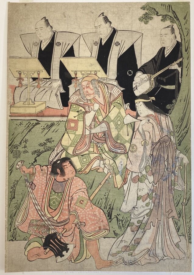 Artwork by Torii Kiyonaga, les acteurs Ichikawa Danjr IV, Segawa Kikujir and Ichikawa Monnosuke accompagnés de deux chanteurs et un musicien, Made of Oban tate-e