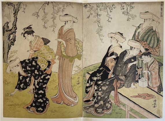 Coutumes du temps présent, brocarts de l'est, planches une sortie au printemps, femmes sous un cerisier en fleurs, fumant et cueillant des fleurs by Torii Kiyonaga