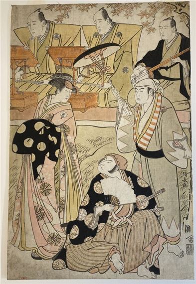 les acteurs Nakamura Nakazo dans le rôle de Tanzen, Onoe Matsusuke en renard blanc et Ichimura Uzaemon en yakko dans la pièce Shosa Hatsuhige yakko tanzen, deux chanteurs et un musicien by Torii Kiyonaga