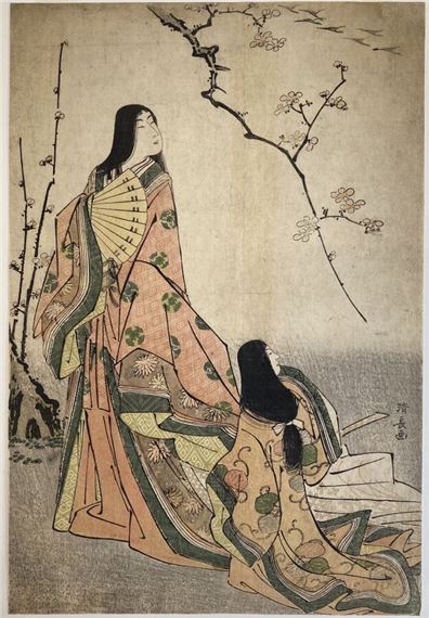 planche la poétesse Ise regardant un groupe d'oies en vol by Torii Kiyonaga