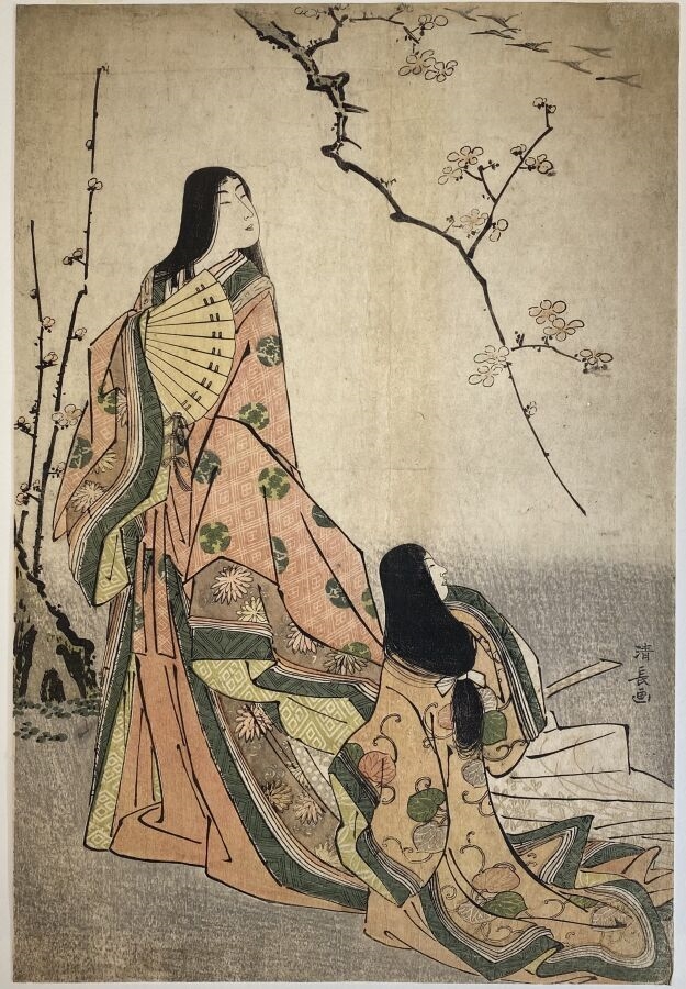 Artwork by Torii Kiyonaga, planche la poétesse Ise regardant un groupe d'oies en vol, Made of Oban tate-e