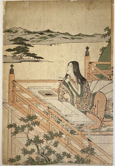 planche la poétesse Murasaki Shikibu au temple Ishiyama-dera et planche la poétesse Kunai-kyô ou Sei Shônagon by Torii Kiyonaga