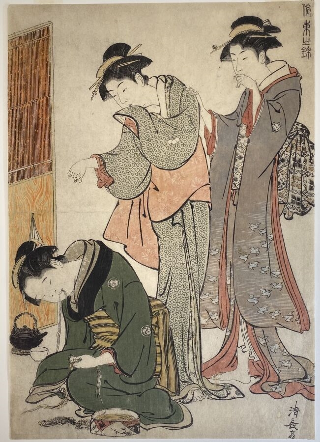 Artwork by Torii Kiyonaga, Manières de ce temps dans les Brocarts de l'Est, deux femmes se moquant d'une servante endormie, Made of Oban tate-e