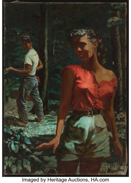 Artwork by W. H. Uhle, Encounter in the Forest, probable paperback cover, Made of Oil on canvas