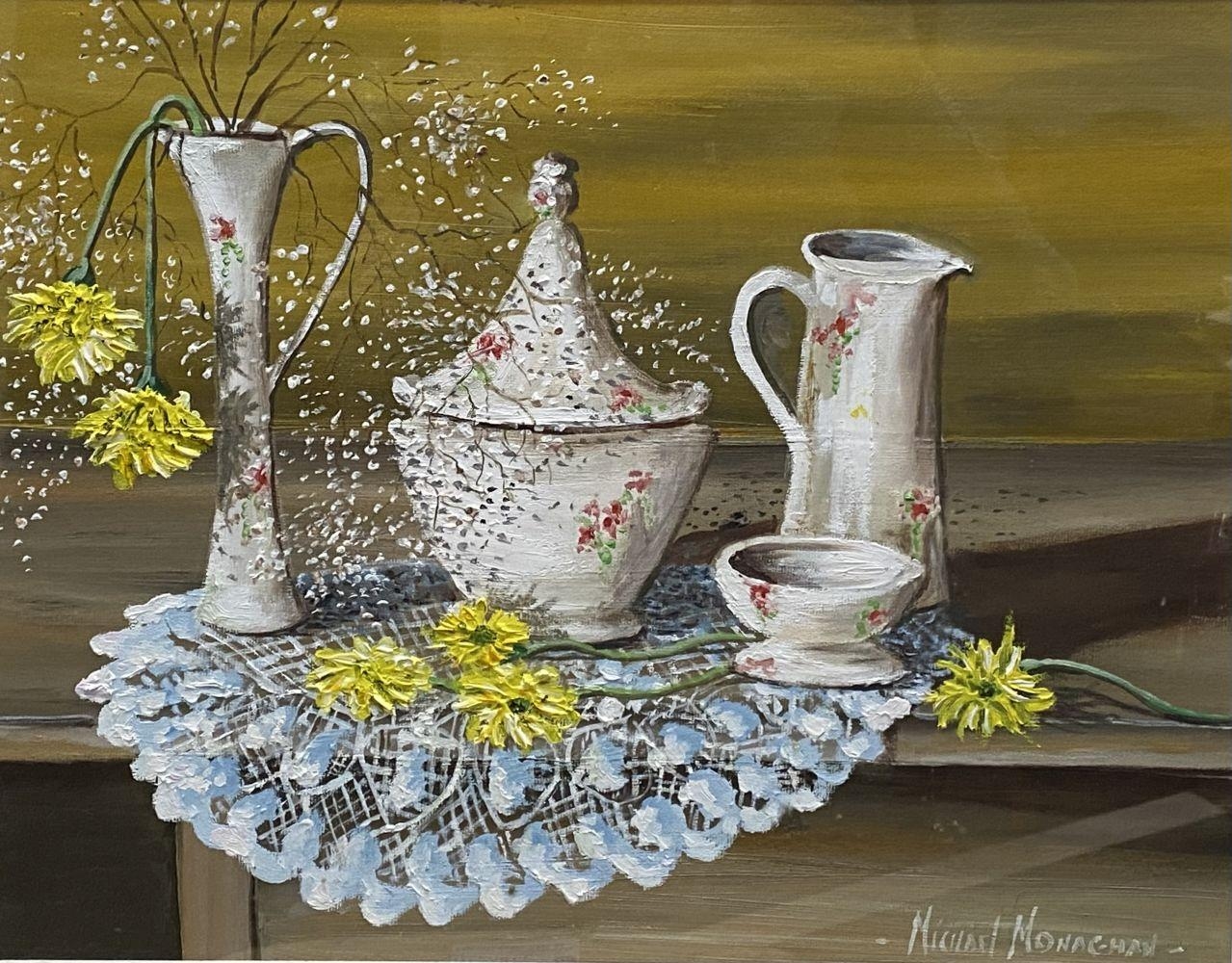 Artwork by Michael Monaghan, DELPH & FLOWERS ON LACE, Made of oil on board