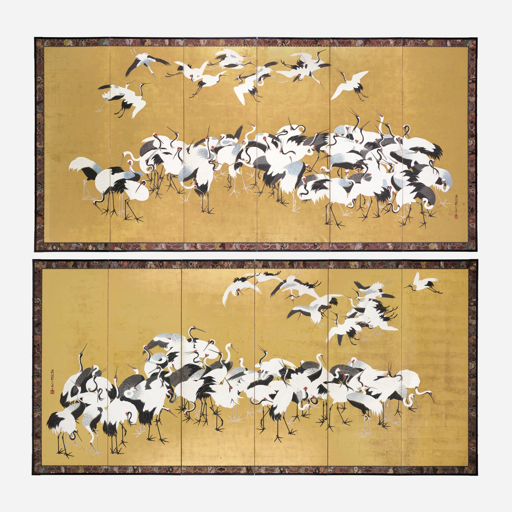 Artwork by Kano Tanshin Morimichi, Six-panel folding screens with cranes, set of two, Made of ink, gold leaf, fabric on
