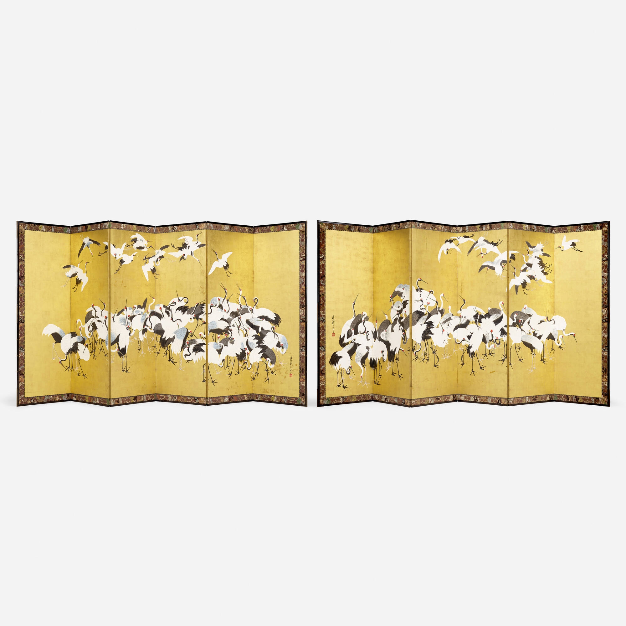 Artwork by Kano Tanshin Morimichi, Six-panel folding screens with cranes, set of two, Made of ink, gold leaf, fabric on