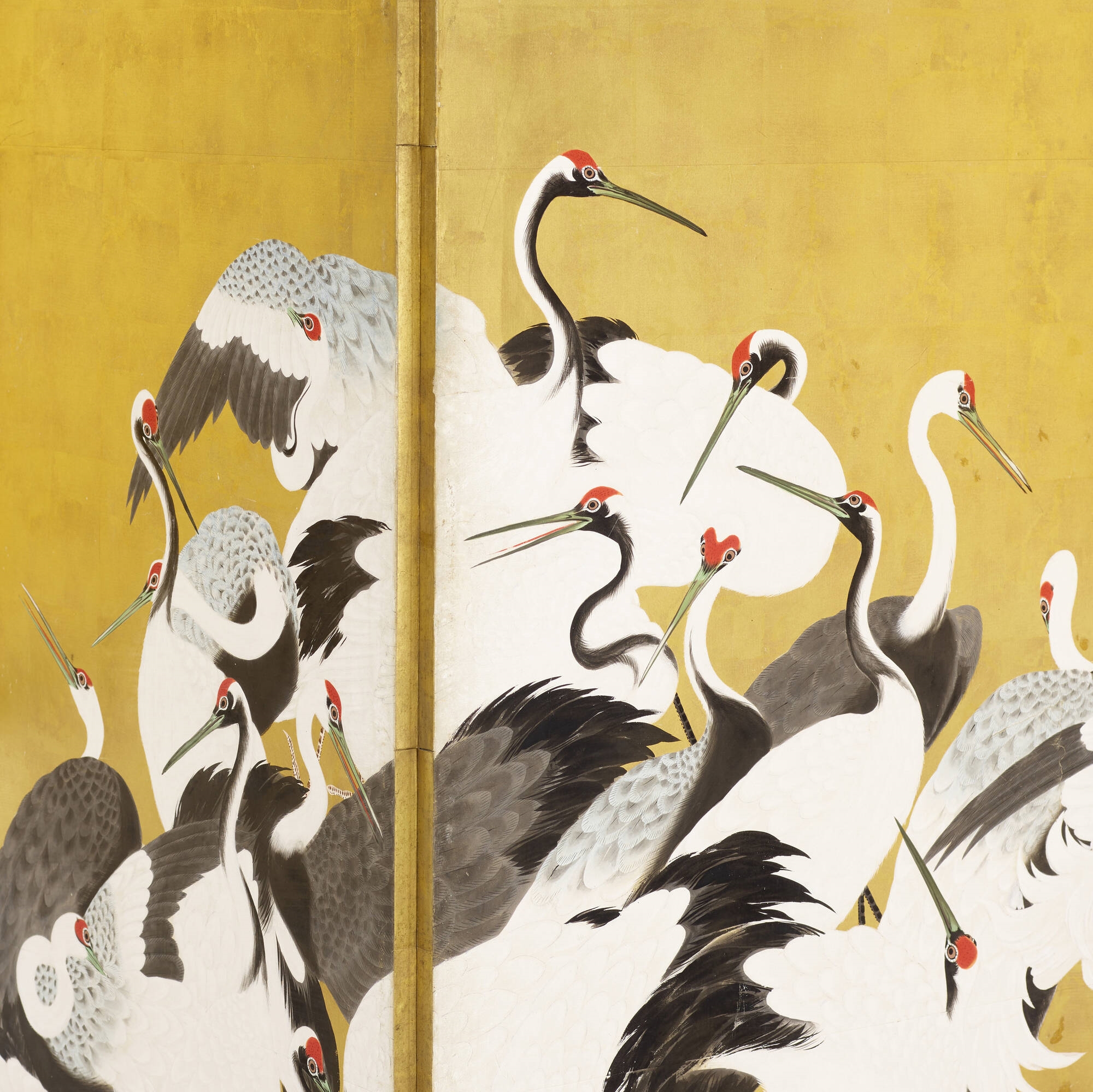 Artwork by Kano Tanshin Morimichi, Six-panel folding screens with cranes, set of two, Made of ink, gold leaf, fabric on