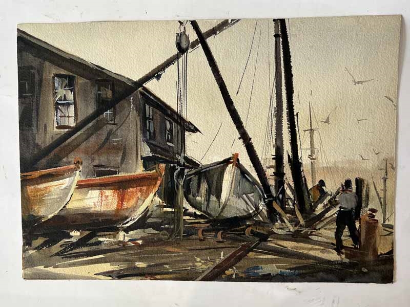 Artwork by Jerri Ricci, watercolor of dock scene, Made of watercolor