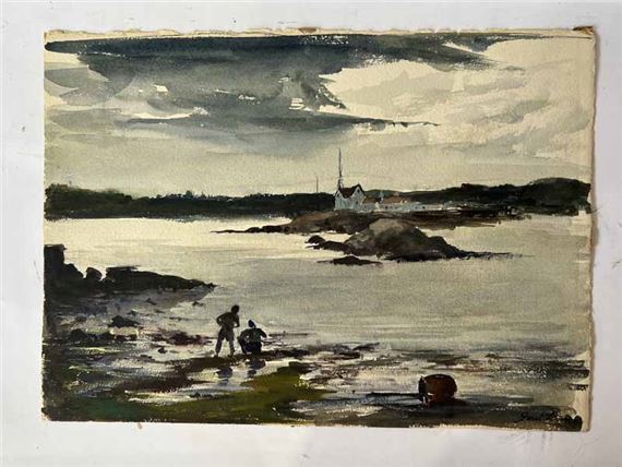	Jerry Ricci (1916-1995) watercolor of bait diggers by Jerri Ricci