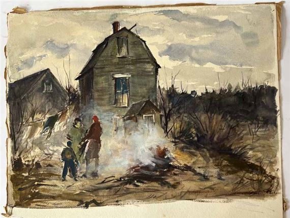watercolor of women burning leaves by Jerri Ricci