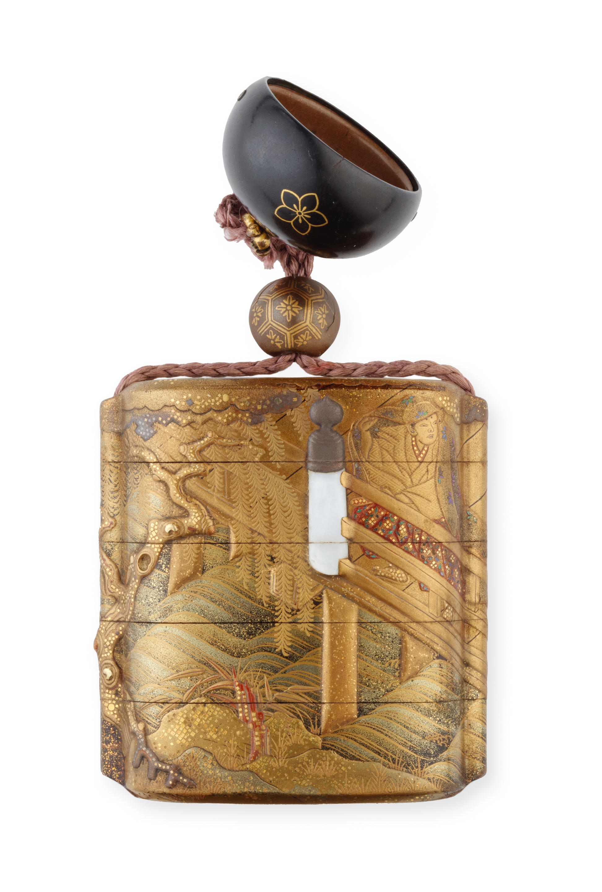 Artwork by Shoryusai, An Inlaid Gold-Lacquer Four-Case Inro
Edo period (1615-1868), 19th century, Made of Inlaid Gold-Lacquer, Decorated in gold, brown, and red takamaki-e and kirikane with embellishments inlaid in pewter and shell, depicting the famous duel between Benkei and Yoshitsune on Gojo Bridge, Ushiwakamaru (the young Yoshitsune) beneath the full moon crossing the Gojo Bridge, entirely covered with a white cloth on one side and Benkei holding a halberd on the reverse, the interior of dense nashiji; with a lacquered ojime in the form of a carapace, and a shakudo netsuke in the form of a bell