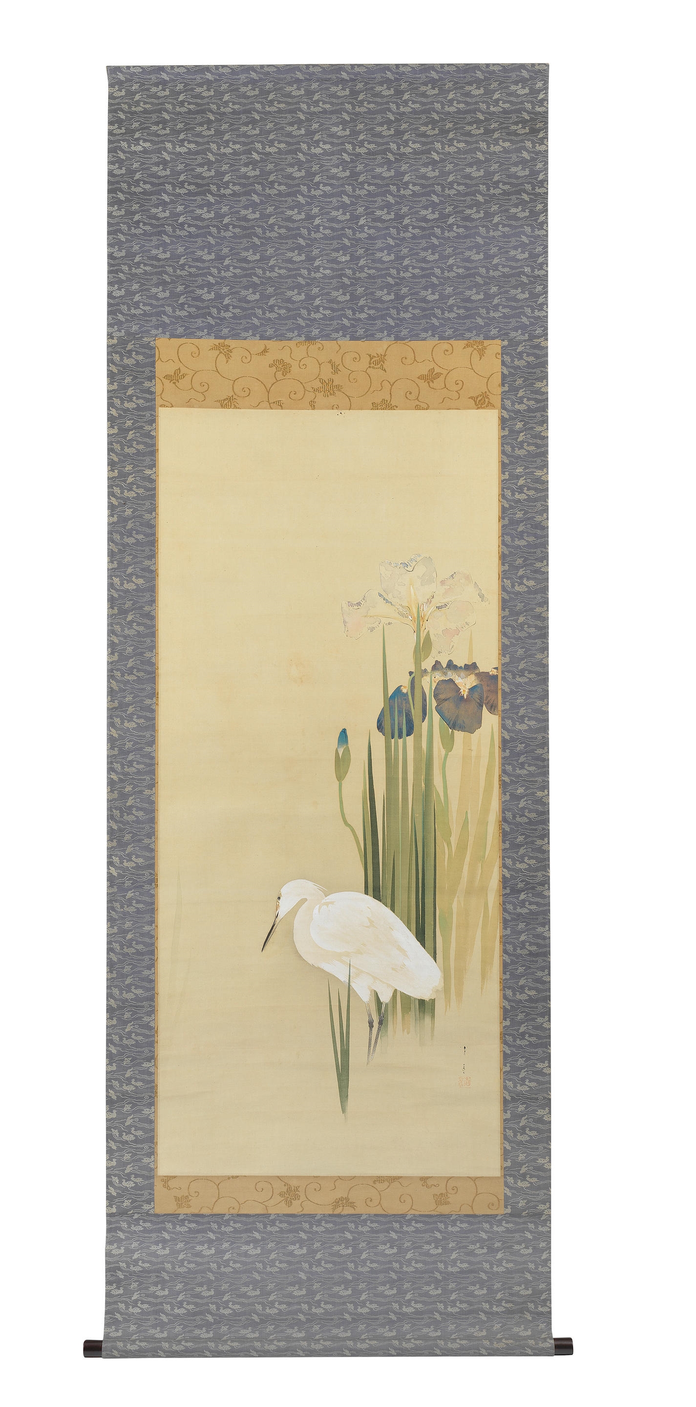 Artwork by Seitei Watanabe, White Egret and Irises, Made of Kakejiku (hanging scroll), ink and colours on silk in silk mounts; with a double wood storage box, the outer box lacquered
