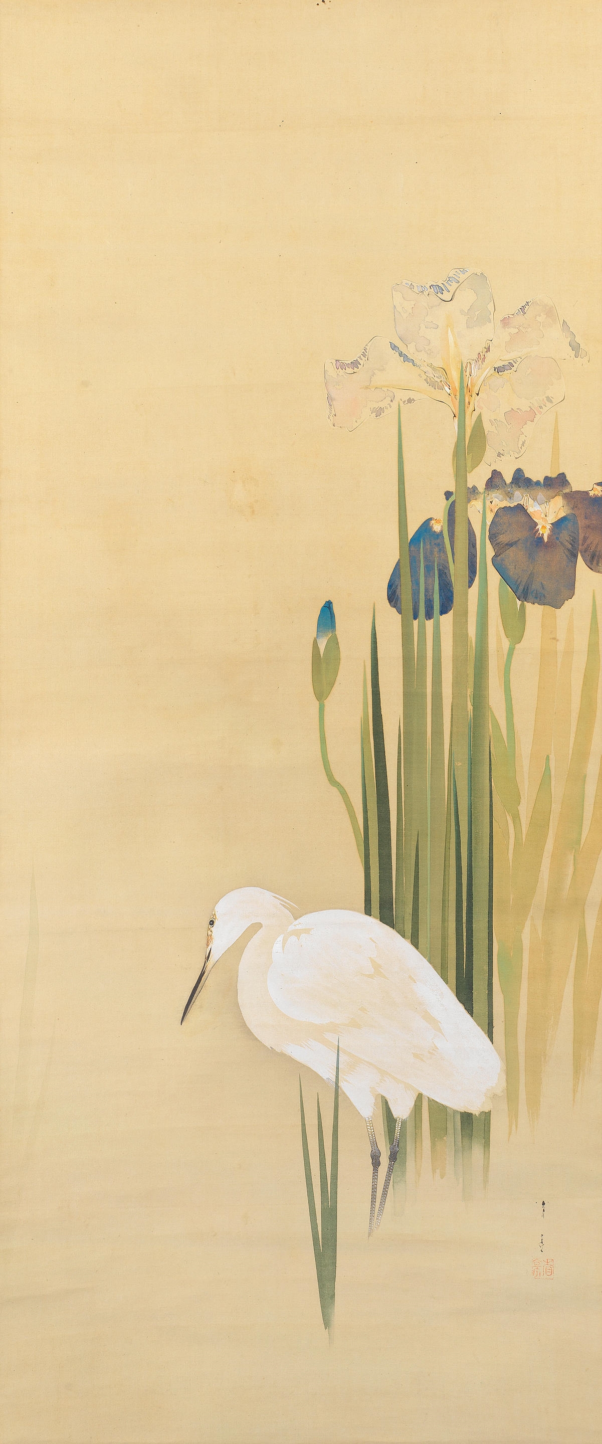 Artwork by Seitei Watanabe, White Egret and Irises, Made of Kakejiku (hanging scroll), ink and colours on silk in silk mounts; with a double wood storage box, the outer box lacquered