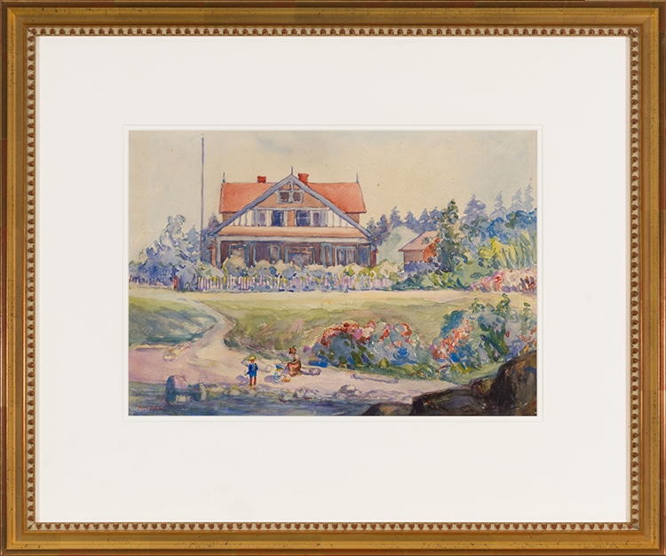 Artwork by Emily Carr, House in Victoria, a Mother and Children by the Shore, Made of watercolour on paper