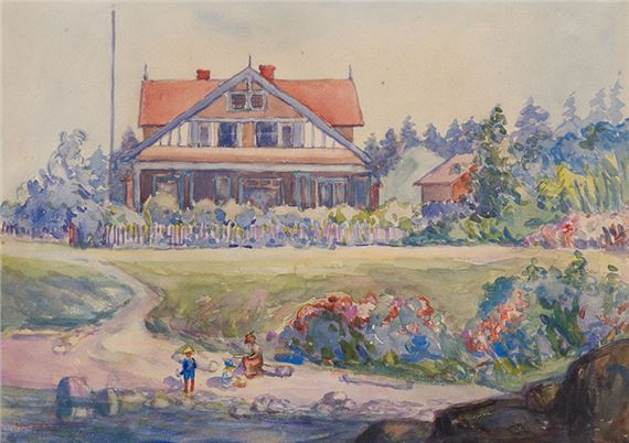 House in Victoria, a Mother and Children by the Shore by Emily Carr, circa 1905