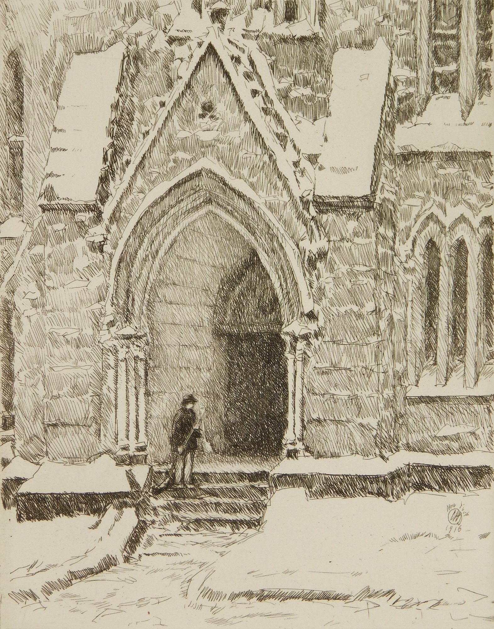 Artwork by Childe Hassam, Church Doorway in Snow (Cortissoz 72), Made of etching