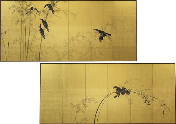 Bamboo, crow and sparrow (a pair of 6-panel byobu screens) by Seiho Takeuchi
