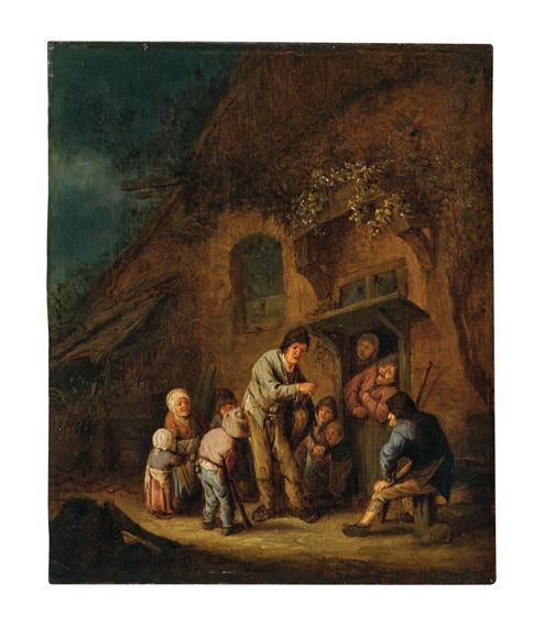 A farmyard with children and peasants listening to a hurdy-gurdy player by Adriaen van Ostade, 1638