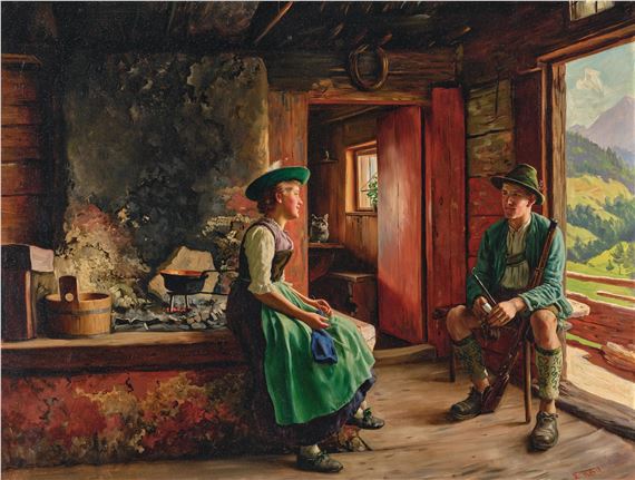 Emil Rau | A Couple by the Kitchen Fire (1858) | MutualArt