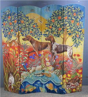 A scene of dogs in a landscape with fruit trees and meadows - Julia Manning