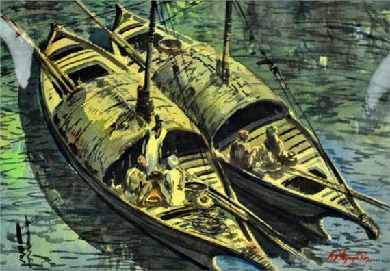 A Pair of Barges with Figures by G.D. Thyaga Raj, 1930
