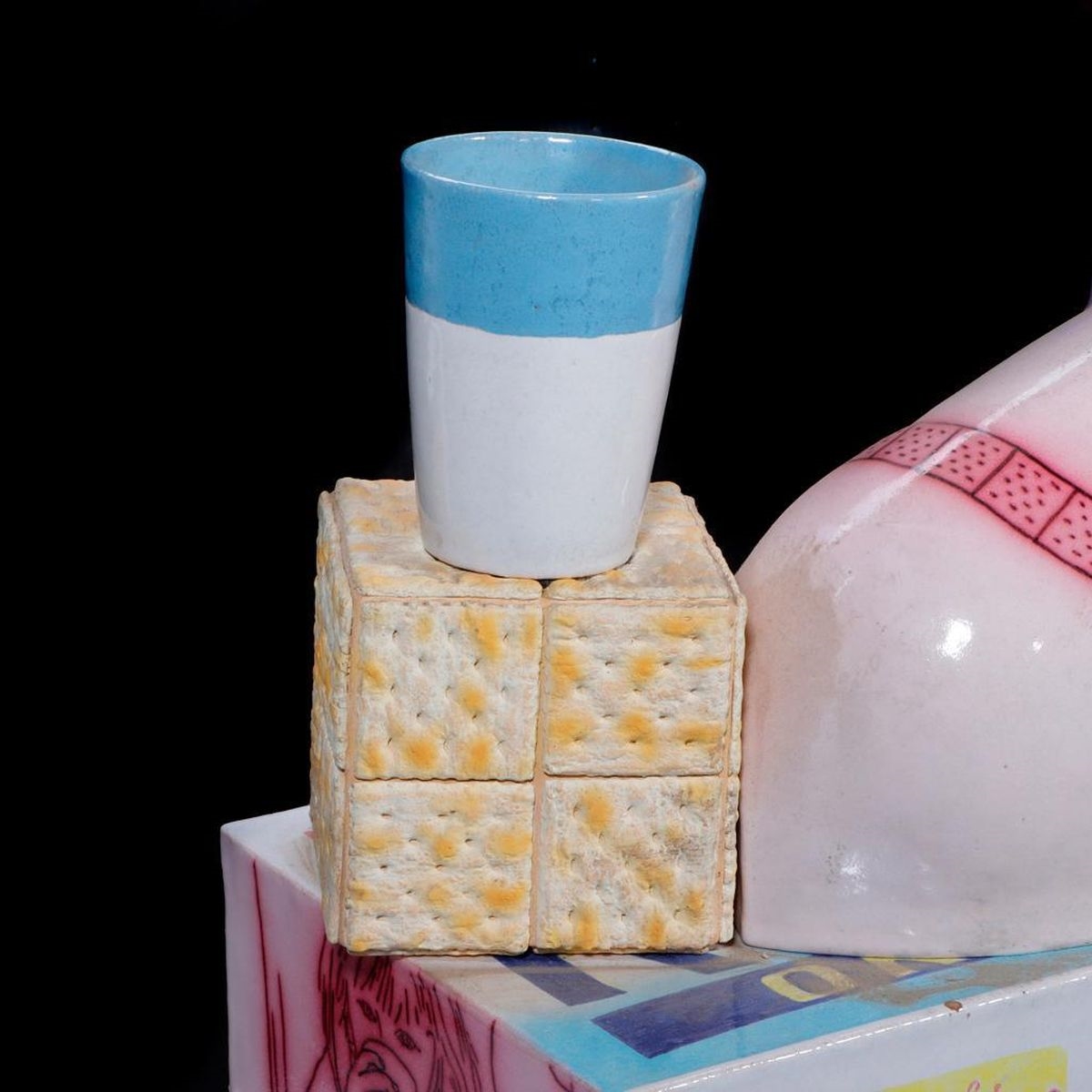 Artwork by Vernon Patrick, Milk and Crackers, Vernon Patrick 7/04, Made of Ceramic sculpture