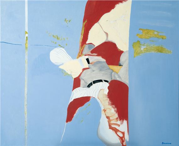 A vibrant, abstract painting of a figure in red and white against a blue background.