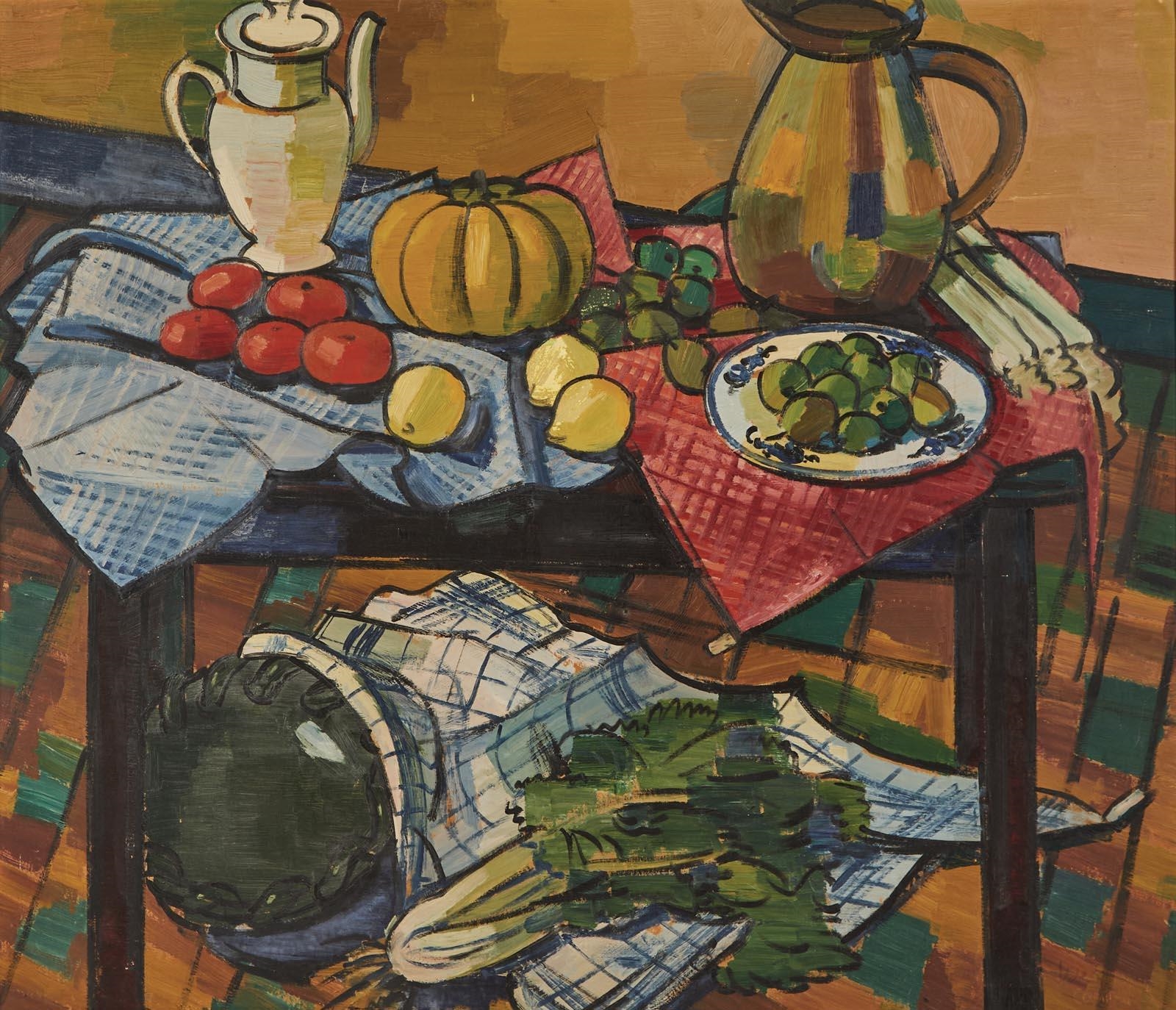 Tableau Imprimé Sur Toile 'Nature Morte Aux Fruits Et Coucher De Soleil' - Style Réaliste, Multi-couleurs, Format L3368, Reproduction Sous Licence