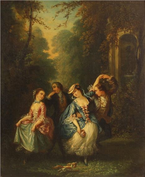 Two courting couples in an arcadian landscape by Jean-Antoine Watteau