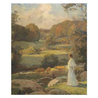 A pastoral landscape featuring a figure in white observing cattle grazing near a river.
