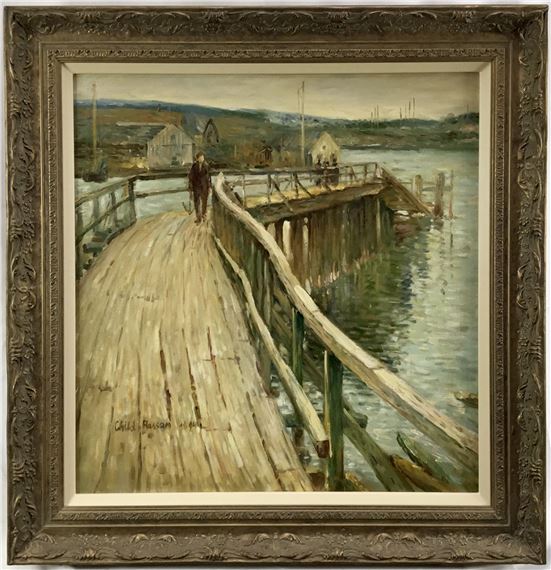 figures on a wooden pier by Childe Hassam