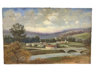 Conn Baker (1870-1944) Oil on Canvas Village with Bridge - Conn Baker