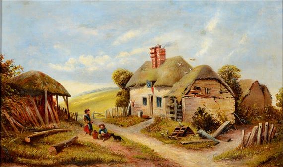 Victorian School, 19th Century | - Two Children and a Cat by a Thatched ...