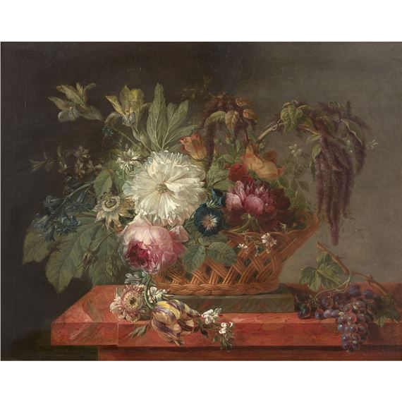 Basket of flowers on an entablature Panel Enlarged on two sides, top and left Signed lower left 31 x 41 cm by Joseph-Laurent Malaine